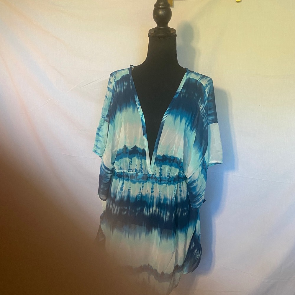 MIKEN‎ SWIM Tie Dye Kimono Cover Up Kaftan Dress Blue Aqua XL